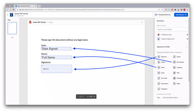 Preparing the document using drag and drop on the template editor