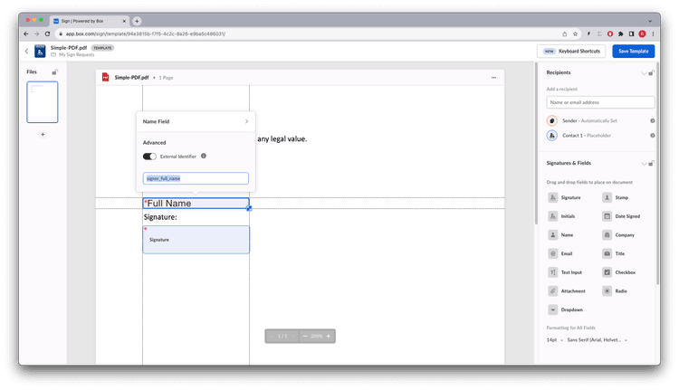 Assigning a tag id to a signature property input